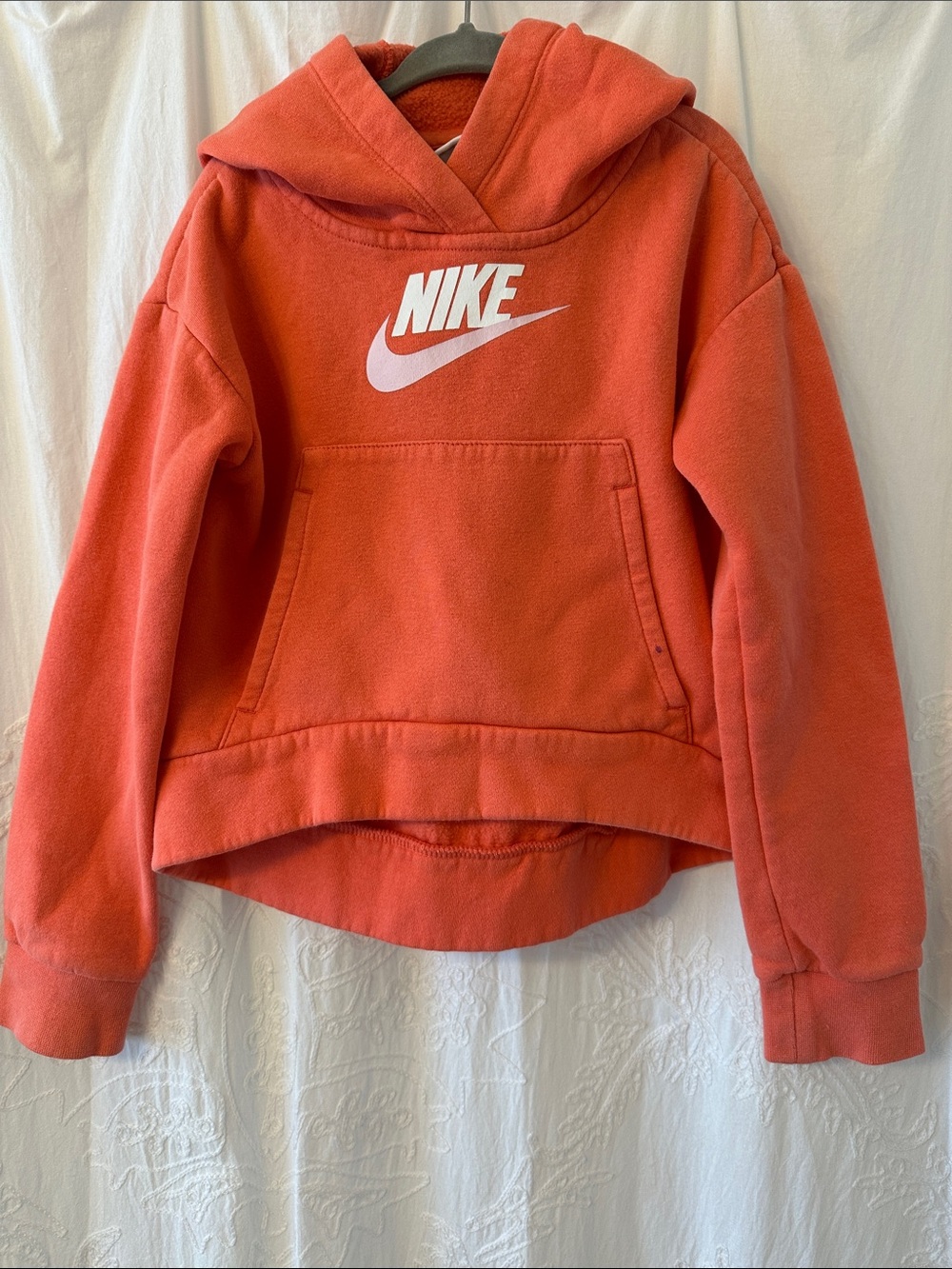 Nike Kids Coral-Orange Hooded Pullover with White Swoosh